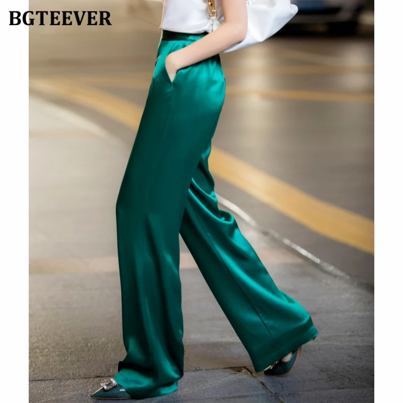 BGTEEVER Elegant Loose High Waist Satin Pants for Women Stylish Summer Long Pants Ladies Wide Leg Trousers Female