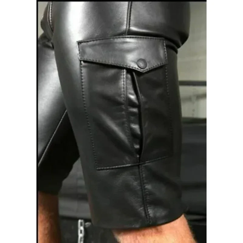 New trendy men essential shorts 2024 spring summer solid Pu casual leather pants splicing men clothing loose motorcycle trousers