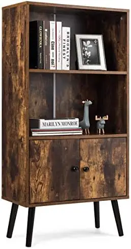 

Retro Bookcase, Industrial 2 Tier Bookshelf with Doors & Solid Wood Legs, Mid-Century Modern Cabinet in Living Room Bedroom