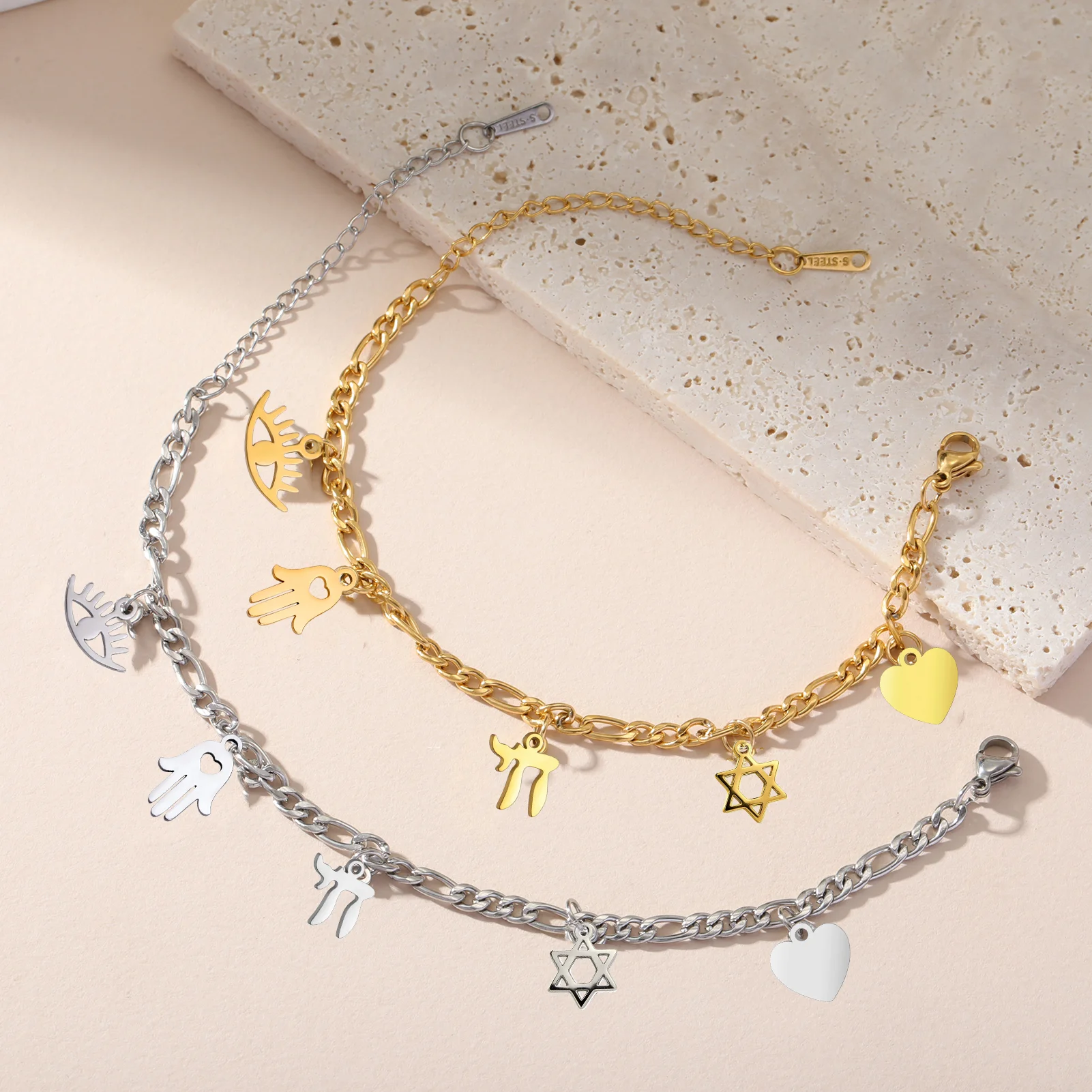 Amaxer Small Jewish Star Bracelets for Women Men Personalized Jewish Chai Fatima Charm  Pendant Stainless Steel Jewelry Gifts