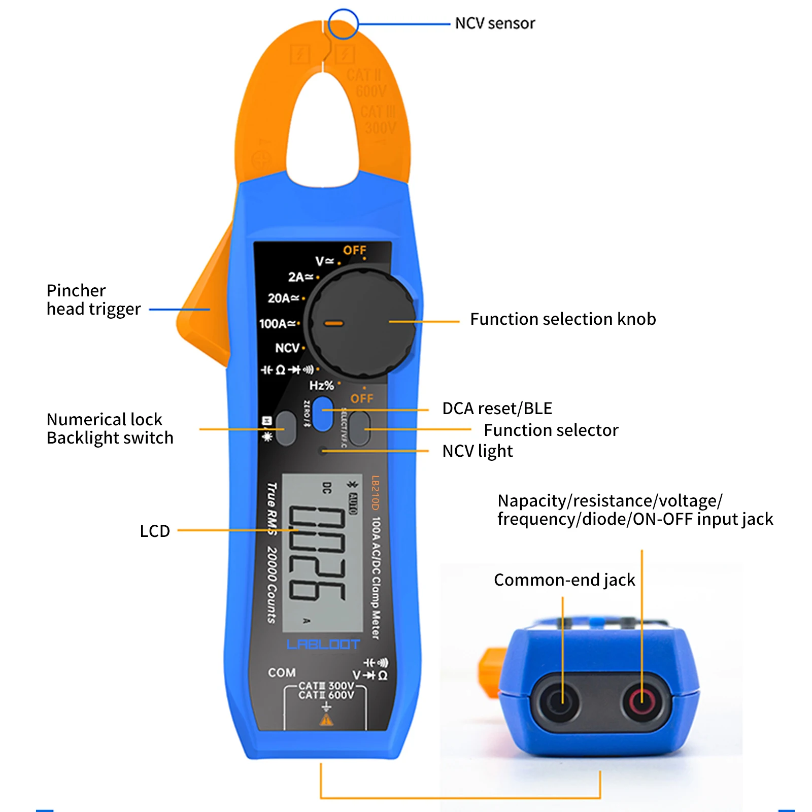 Imagem -02 - Testador Elétrico Digital com Bluetooth 100amp 600v Inteligente ac dc Clamp Multímetro True Rms Vfc Diodo Multímetro Labloot-lb210d