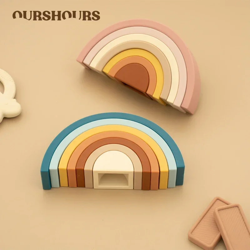 7pcs/set Baby Silicone Building Blocks BPA-Free Rainbow Stacker Nesting Puzzle Stacking Toys Toddlers Learning Montessori Toys