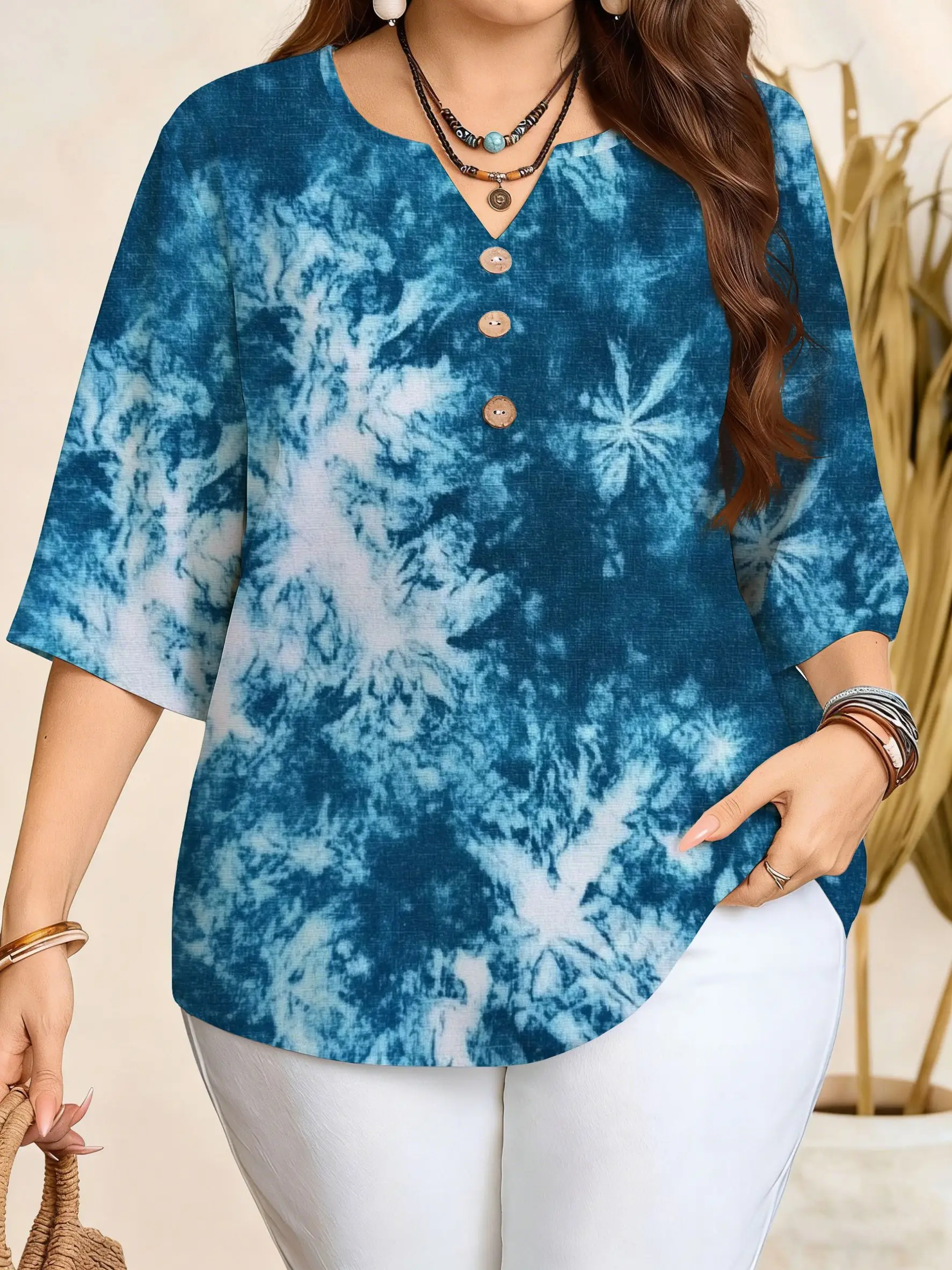 Women Blouse,Abstract Wavy,Tie‑Dye,Paisley Striped,Gradient Leaf,Purple Mandala Print,Notched V‑Neck 3/4 Sleeve Buttons Tops