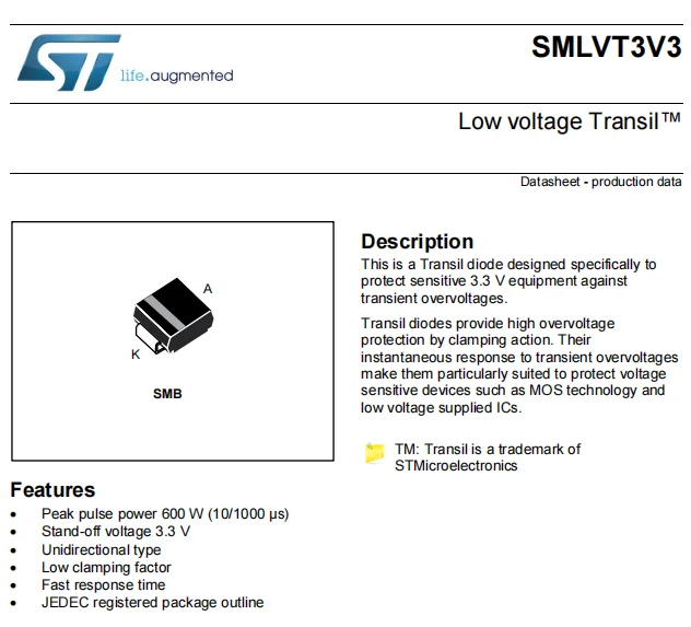 SMLVT3V3 protect sensitive 3.3 V equipment against  transient overvoltages.