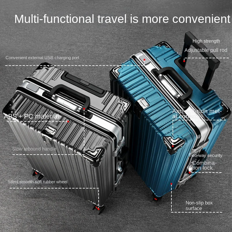 New Suitcase Aluminum Frame Rolling Luggage Durable USB Charging Men and Women Travel Bags Boarding Trolley Case Zipper Trunk