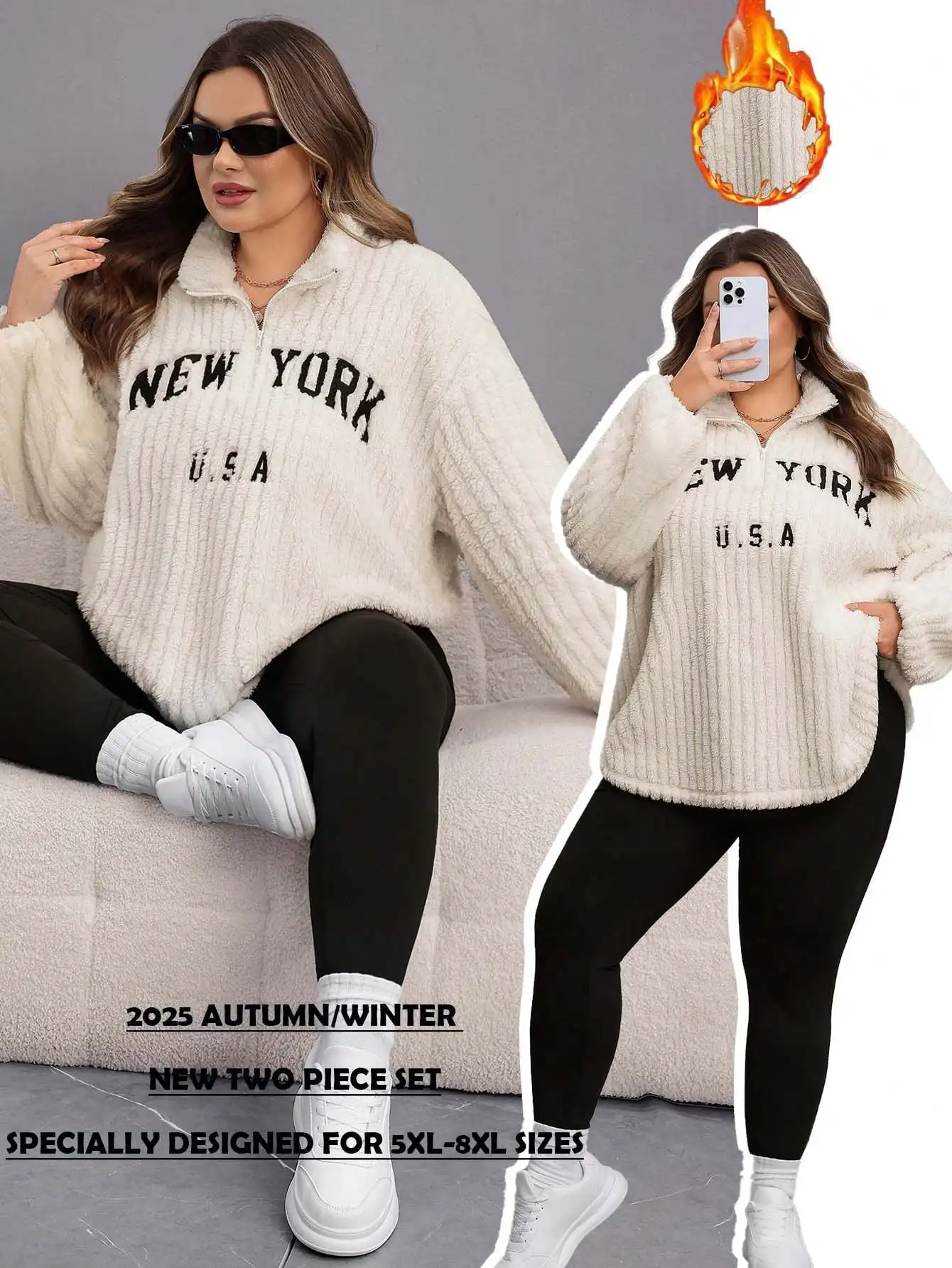 

Уютный комплект из толстовки на молнии и леггинсов для женщин больших размеров, повседневный осенне-зимний наряд