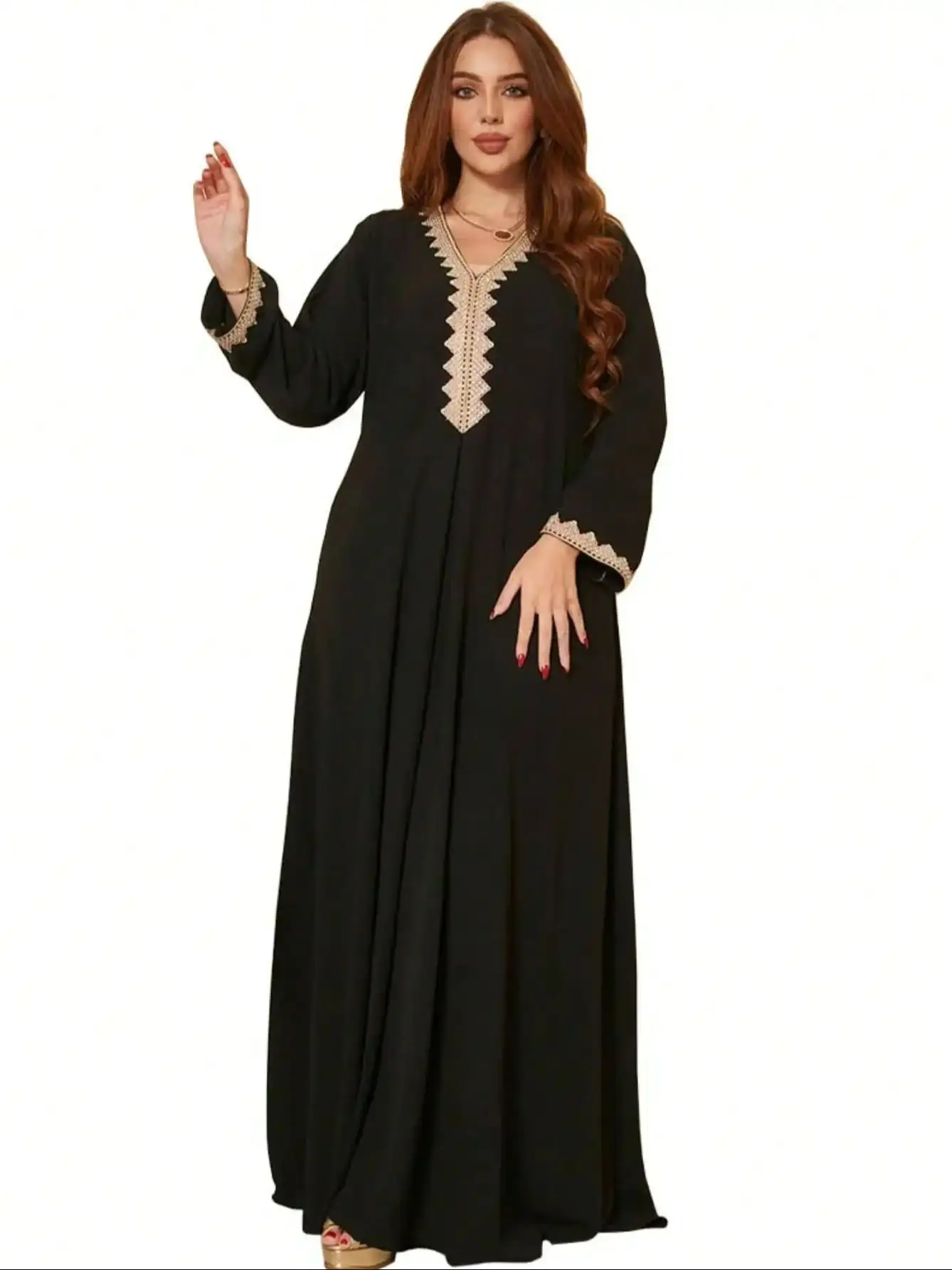 Fashion women\'s V-neck lace patchwork long sleeved Middle Eastern casual robe Arabian dress