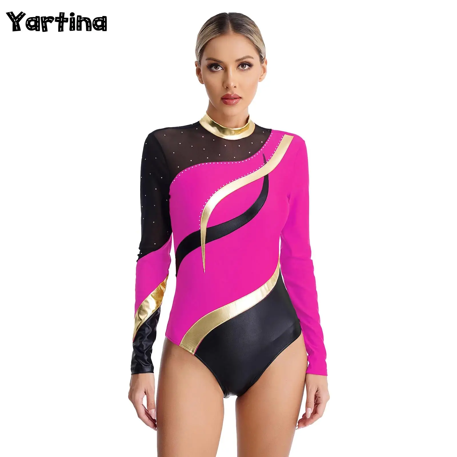 

Womens Gymnastics Artistic Skating Costume Ballet Jersey Dance Leotards Rhinestone Long Sleeve Tight Fitting Bodysuit Jumpsuit