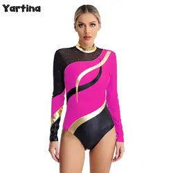 Womens Gymnastics Artistic Skating Costume Ballet Jersey Dance Leotards Rhinestone Long Sleeve Tight Fitting Bodysuit Jumpsuit