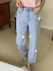 Appliques Floral Beaded Ankle-Length Jeans Girls High Waist Harem Pants Elegant Casual Denim Pants Women 2024 New Bow Trousers