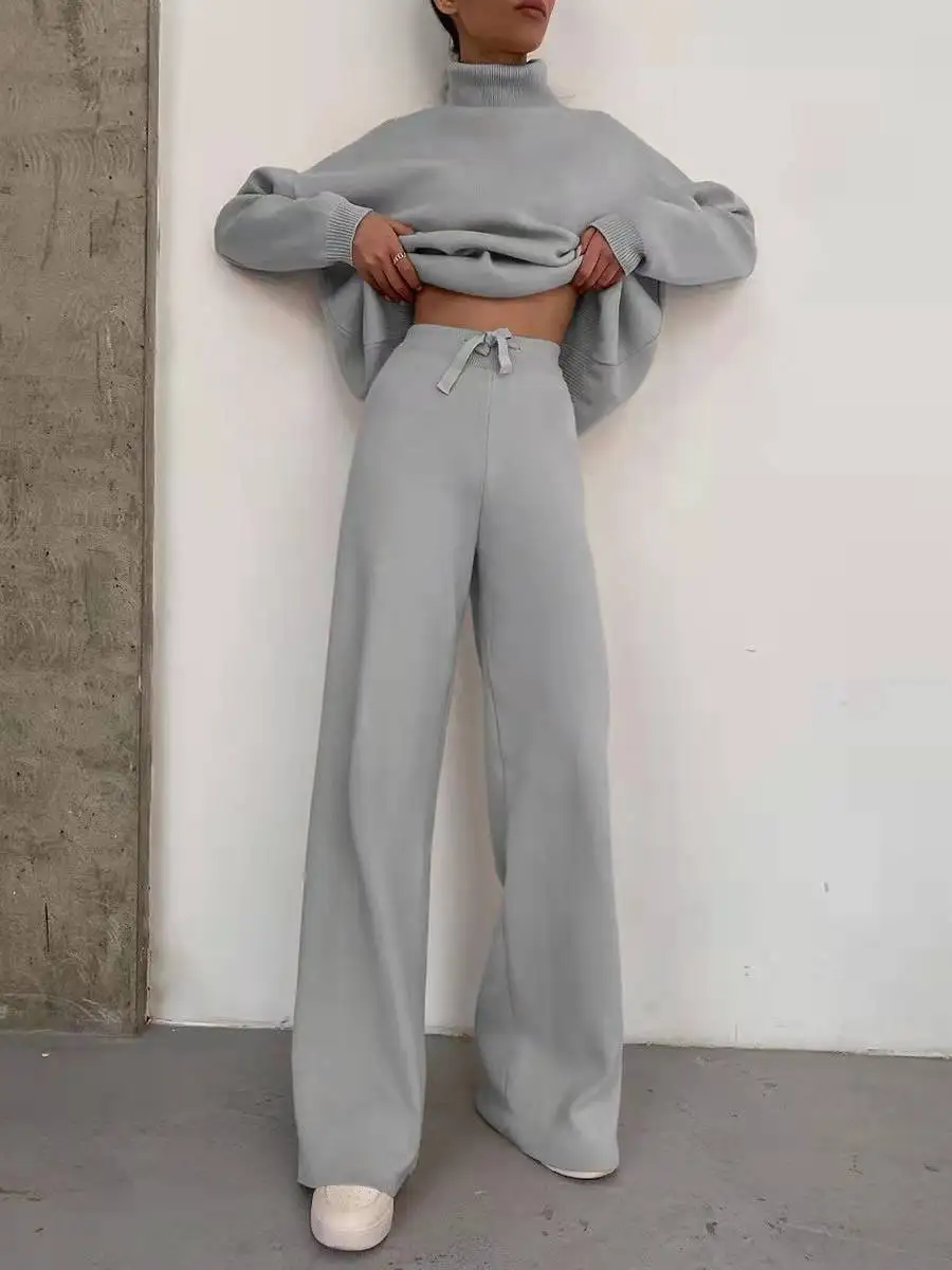 Autunno Inverno Moda Set da 2 pezzi Donna Pendolarismo Allentato Collo alto Pullover a maniche lunghe Vita alta Con lacci Pantaloni a gamba larga