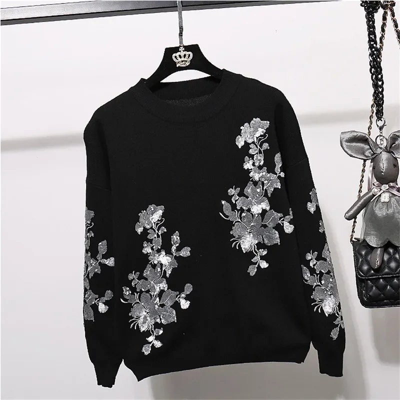 Spring Autumn Flower Sequins Embroidery Knitted Tracksuits Set Women Black Pullover Sweater Long Pants Two Piece Outfits Female