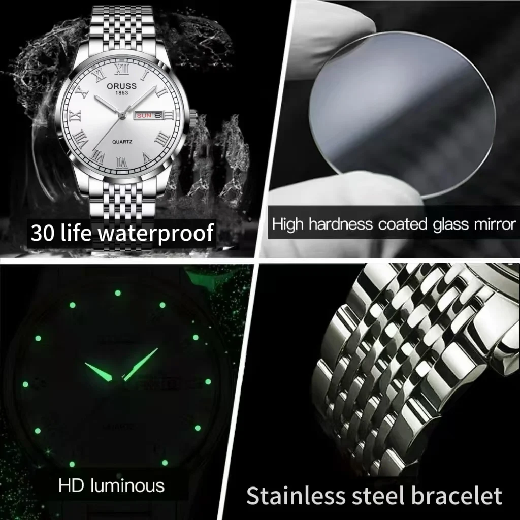 ORUSS Original Luxus Quarz Leuchtende Uhr herren Uhr für Männer Freeshiping Mode Armbanduhren Edelstahl Wasserdicht Neue