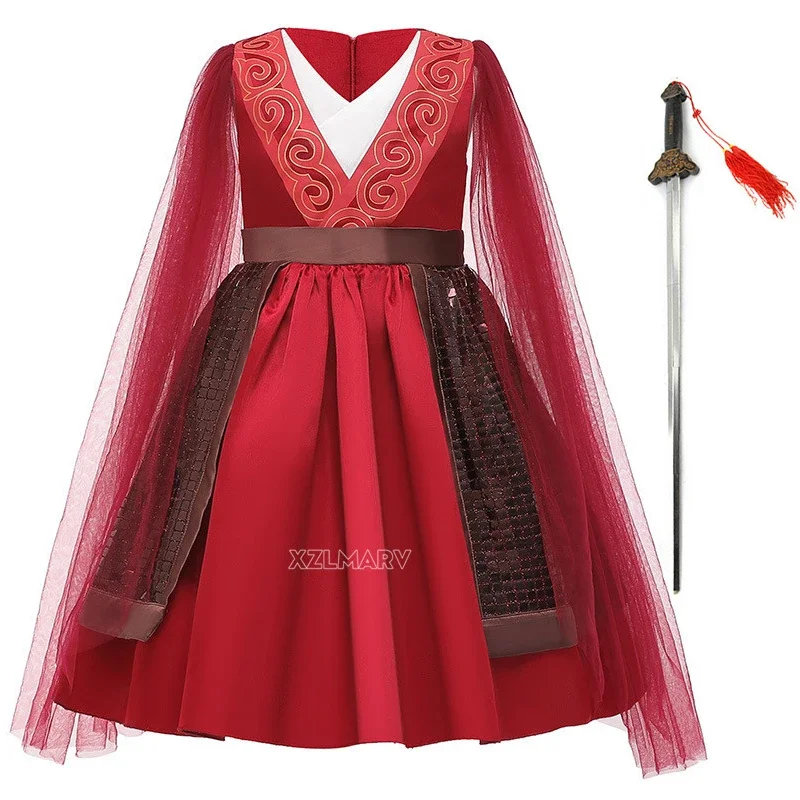 Girls Christmas Halloween Mulan costume summer toddler Mulan dress birthday party tulle sleeve red dresses for girl gongfu sword