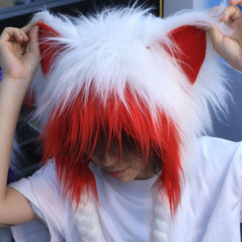 斬新な動物帽子 赤黒 コスプレ 猫耳ぬいぐるみ帽子 編み込み付き 暖かいふわふわ耳当て付き ヘッドウェア Y2K アニメアクセサリー帽子
