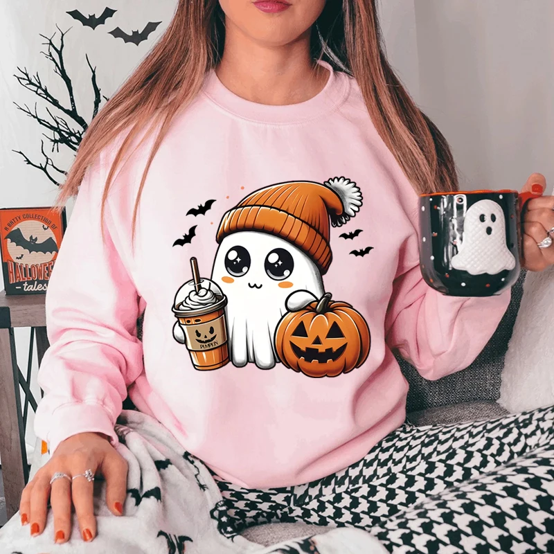 Women\'s Plus Cute Ghost Graphic Sweatshirts with Pumpkin and Coffee, Casual Crew Neck, Long Sleeves, Halloween Pullovers