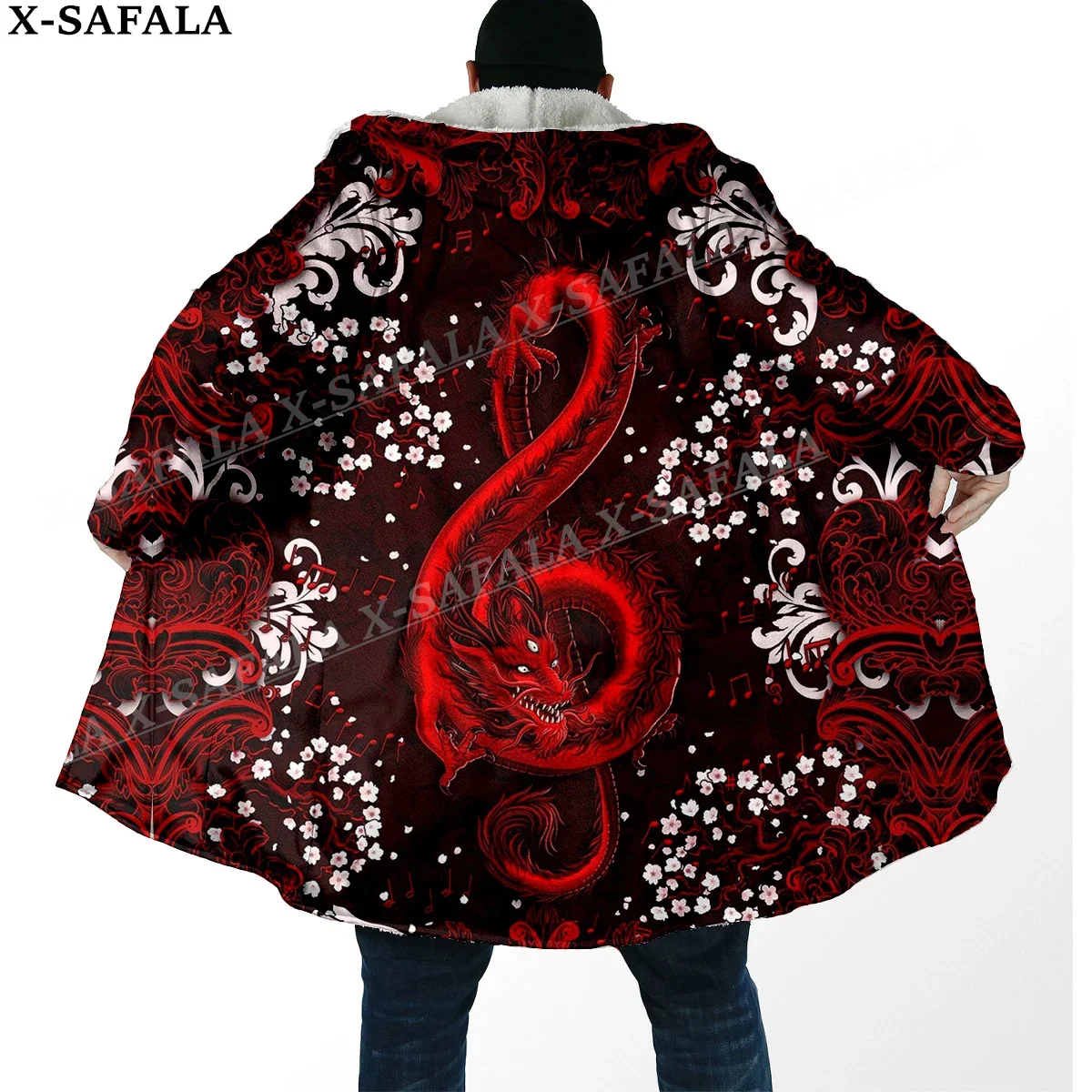 

Viking Dragon Treble Clef Music Print Thick Warm Hooded Cloak Men Overcoat Coat Windproof Fleece Cape Robe Hooded Blanket-2