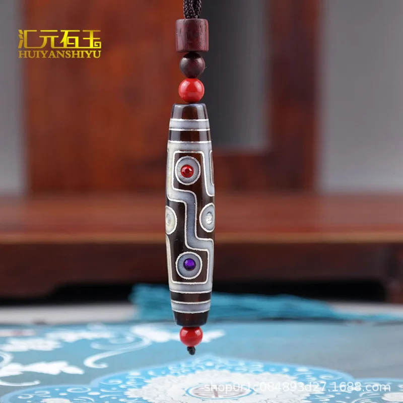 Natural Tibetan Agate Chalcedony Dzi Bead Inlaid Gemstone Crafts Pendant