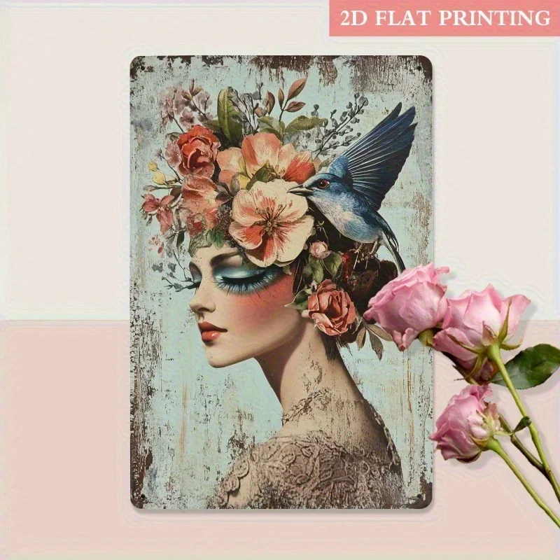 （2D Tin painting）Arte de pared de metal con corona floral vintage y pájaro - Elegante fondo color verde azulado - Decoración