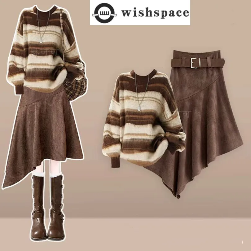 

Осенне-зимний винтажный полосатый свитер в стиле Майяра + нерегулярная юбка, элегантный женский комплект из двух предметов
