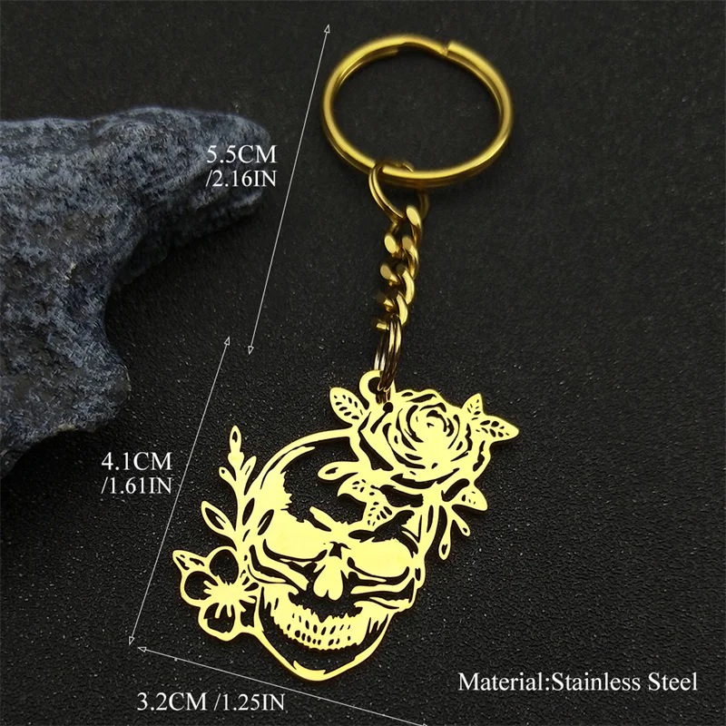 Edelstahl Gothic Schädel Rose Blume Anhänger Schlüsselanhänger für Männer Frauen Gold Farbe Skelett Retro Punk Party Schmuck Geschenk – Detail 3