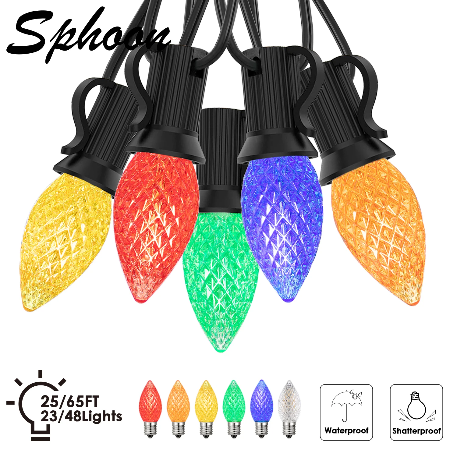 25FT 65FT Outdoor String Lights C7 Plastic Shatterproof Colored Connectable Garden RGB Garland Fairy Hanging Light Chain Decor