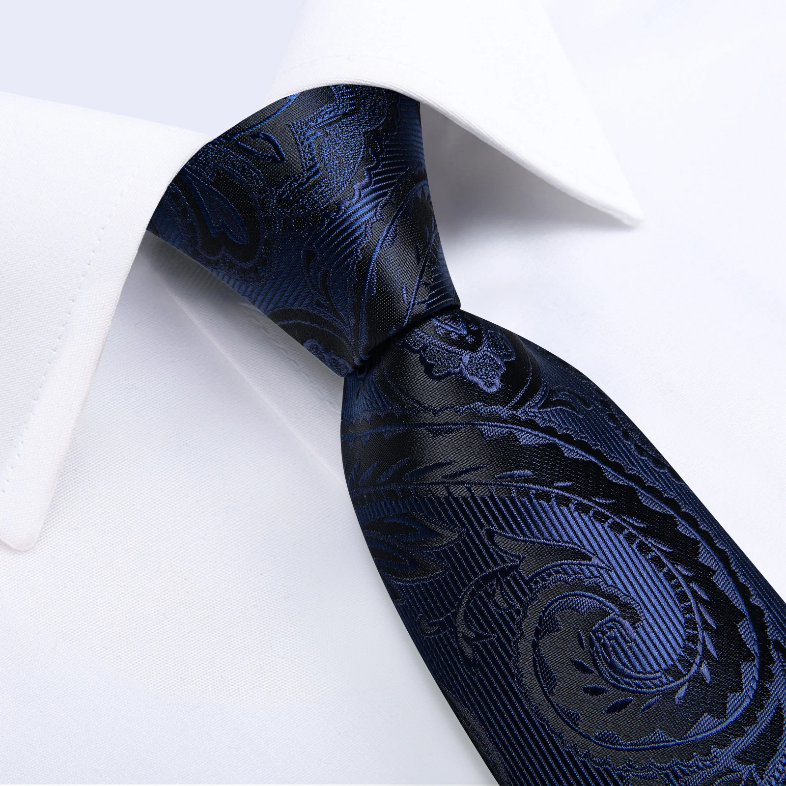Elegantes blaues Paisley-Blumenmuster Herren-Krawatten-Set (8 cm) mit Einstecktuch, Manschettenknöpfen, Business-Anzubehör, Bräutigam-Hochzeitskrawatte – Detail 6