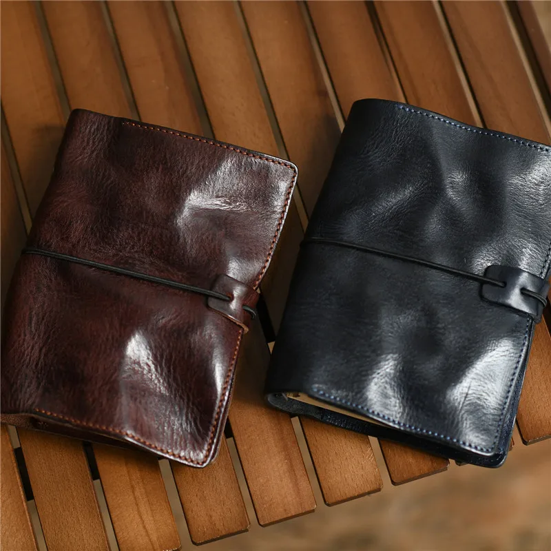 Vintage luxury genuine leather men\'s women\'s A6 notebook outdoor travel high quality real cowhide pleated diary coin purse