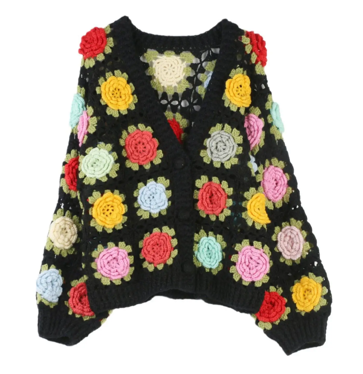 Autumn BOHO Hand Crochet 3D Flower Ball Cardigan Sweet Woman V neck Open Button Full Lantern Sleeve Knit Sweater Knitwear Jumper