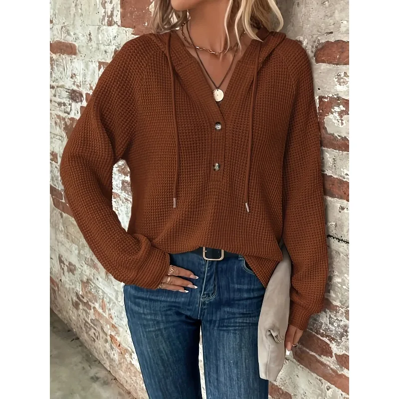 Plus Size 1XL-5XL New Women's Fashion Hooded Long Sleeved Solid Color Hoodie Sweatshirt Women with Buttons Hoodie