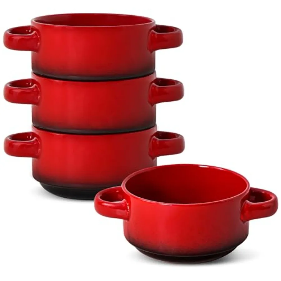 

French Onion Soup Bowls with Handles, Oven and Microwave Safe, Set of 4 28 Oz Porcelain Soup Bowls for Chili, Stew, Pasta, Pot