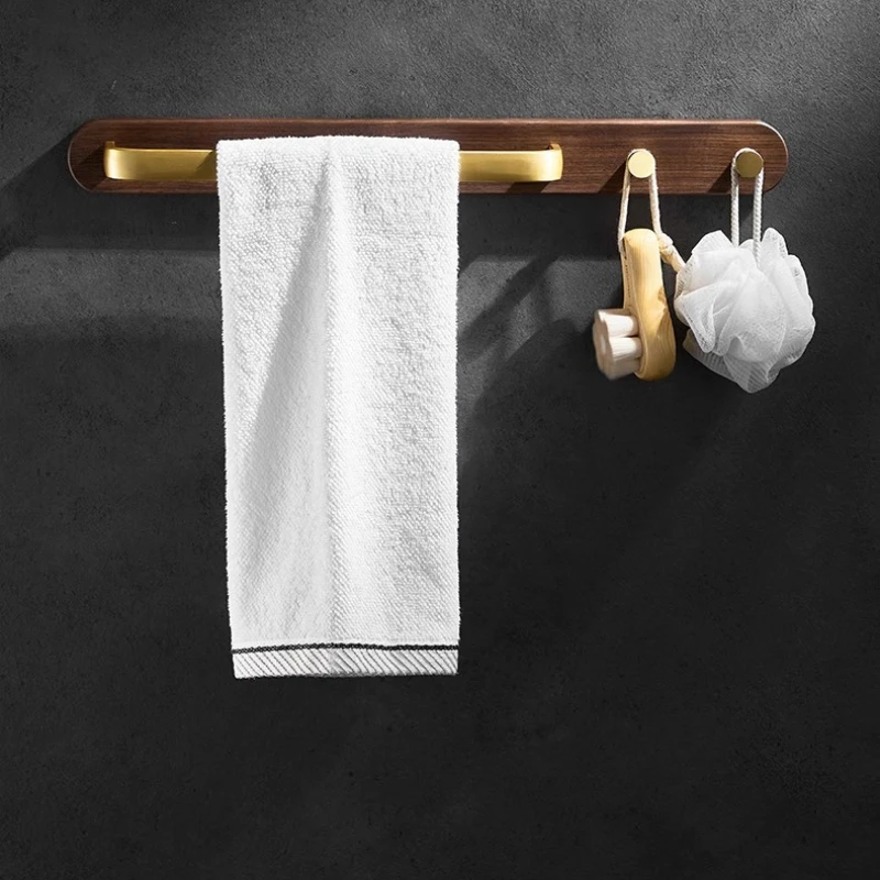 Golden Space Aluminum Towel Rack with Hooks, Bathroom Solid Wood Rack, Toilet Towel Bar, Kitchen Rack, No Drilling Required