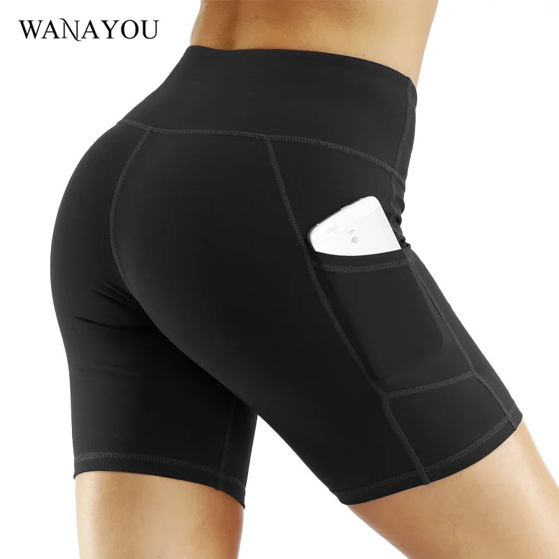 WANAYOU Women Hihg Waist Yoga Shorts, Sports Shorts With Pockets, Gym Fitness Tight Running Workout Scrunch Impact Biker Shorts