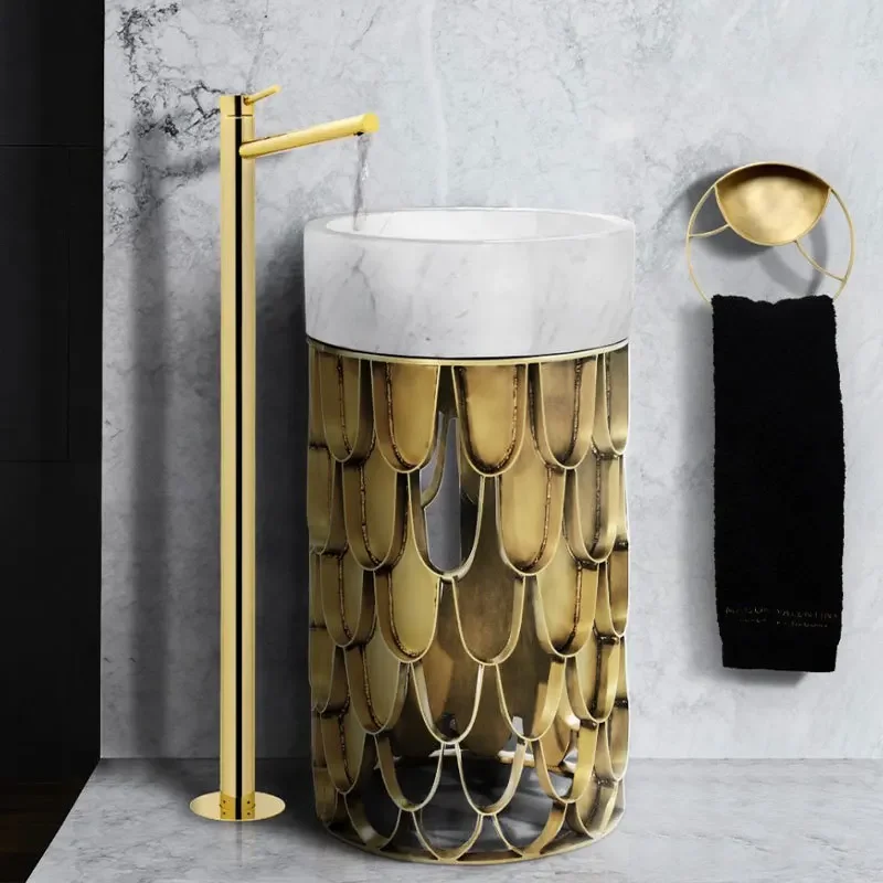 Light luxury creative stainless steel washbasin designer high-end hotel villa home marble column basin floor type