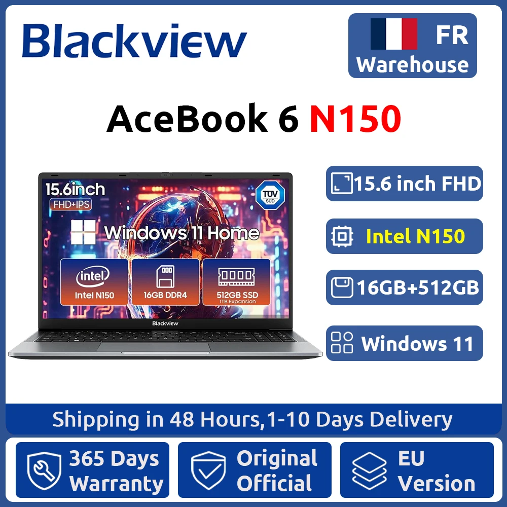 Ordinateur portable Blackview AceBook 6, processeur Intel Twin Lake N150, écran IPS FHD+ de 15,6 pouces, 16 Go de RAM DDR4, SSD de 512 Go, batterie de 36 Wh, ordinateur portable sous Windows 11.