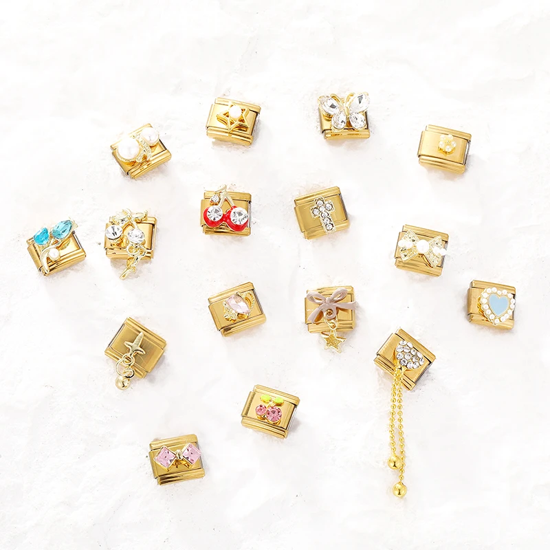 الزركون القلب القوس الكرز الصليب ستار القمر اللؤلؤ الذهب اللون الإيطالية سحر الروابط صالح 9 مللي متر الفولاذ المقاوم للصدأ سوار المرأة DIY بها بنفسك صنع