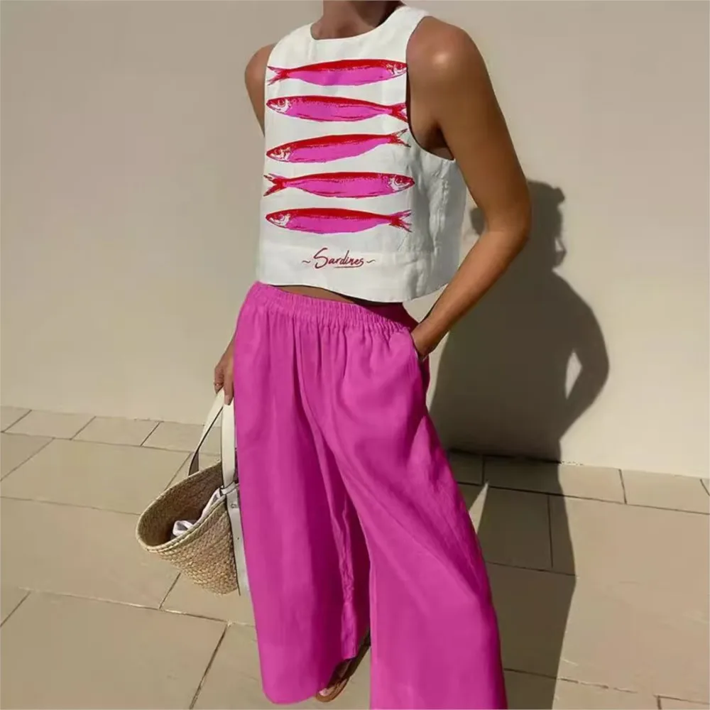 Bohemian Casual Vest And Long Pants Vacation Set Fashion Salmon Print Top Loose Wide-leg Long Pants For Women 2-piece Set 2025