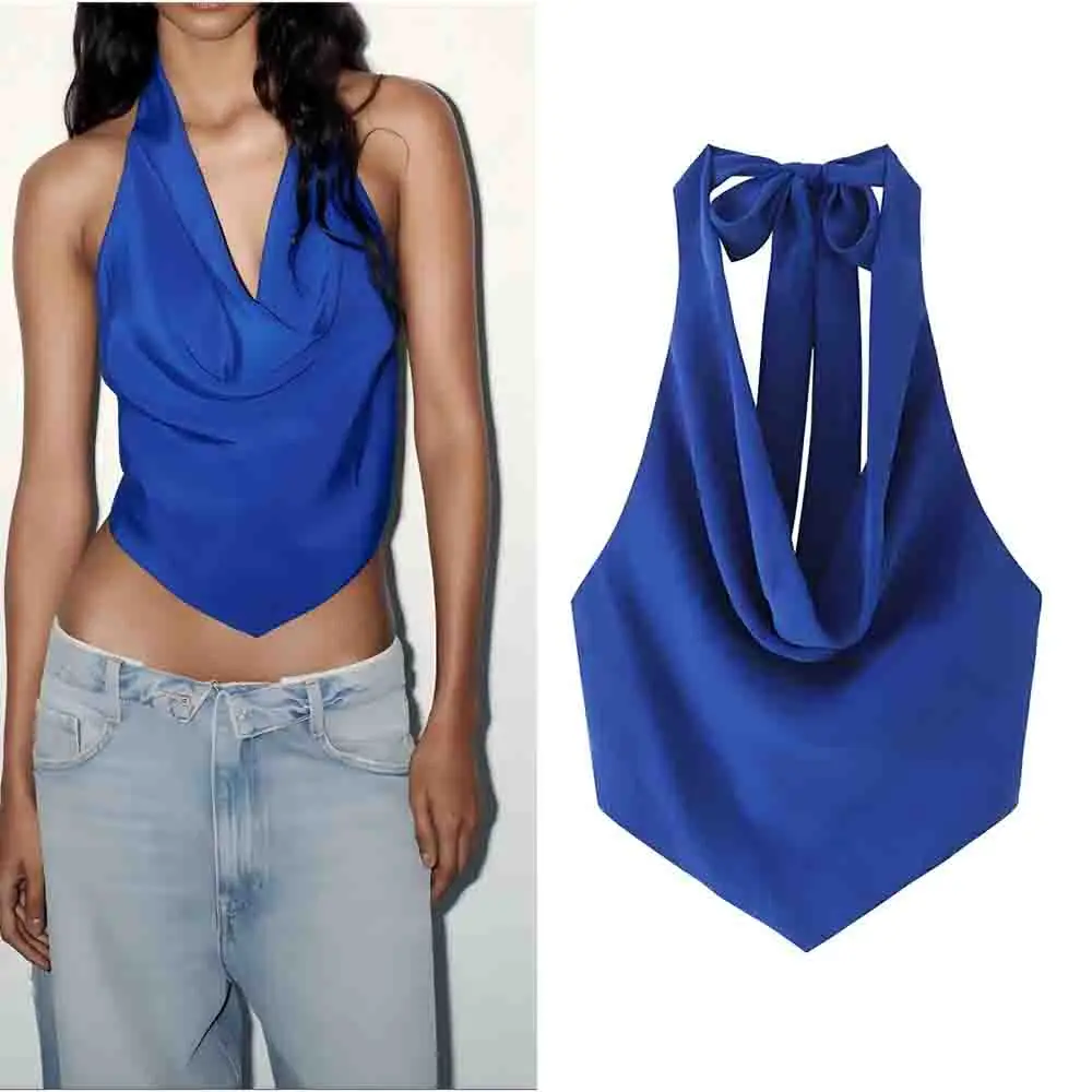 

Women's Summer Fashion backless bow design short hanging neck top retro sleeveless women's vest chic top