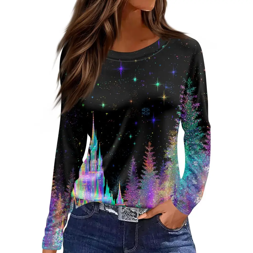 عيد الميلاد طبعة محدودة المرأة ثلاثية الأبعاد عيد الميلاد الكلاسيكية اللون طباعة الجولة الرقبة بأكمام طويلة تي شيرت عادية بأكمام طويلة