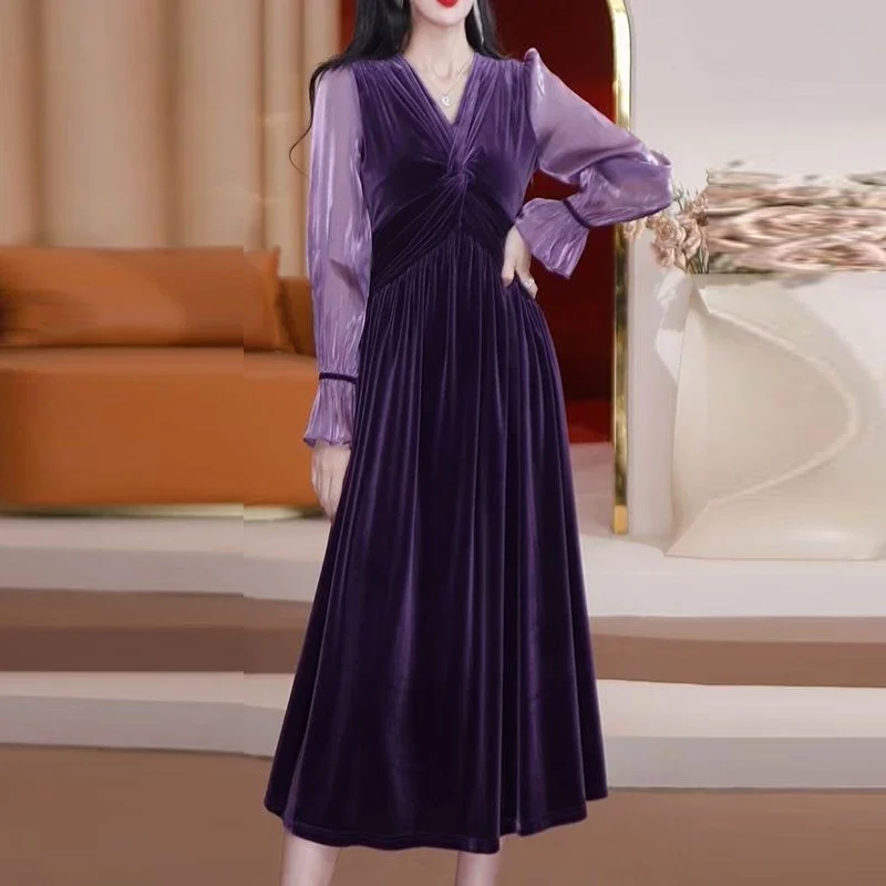 

Spring Fall Women V Neck Purple Velvet Long Dress , Woman Clothing Slim High Waisted Patchwork Flare Full Sleeve Velour Dresses