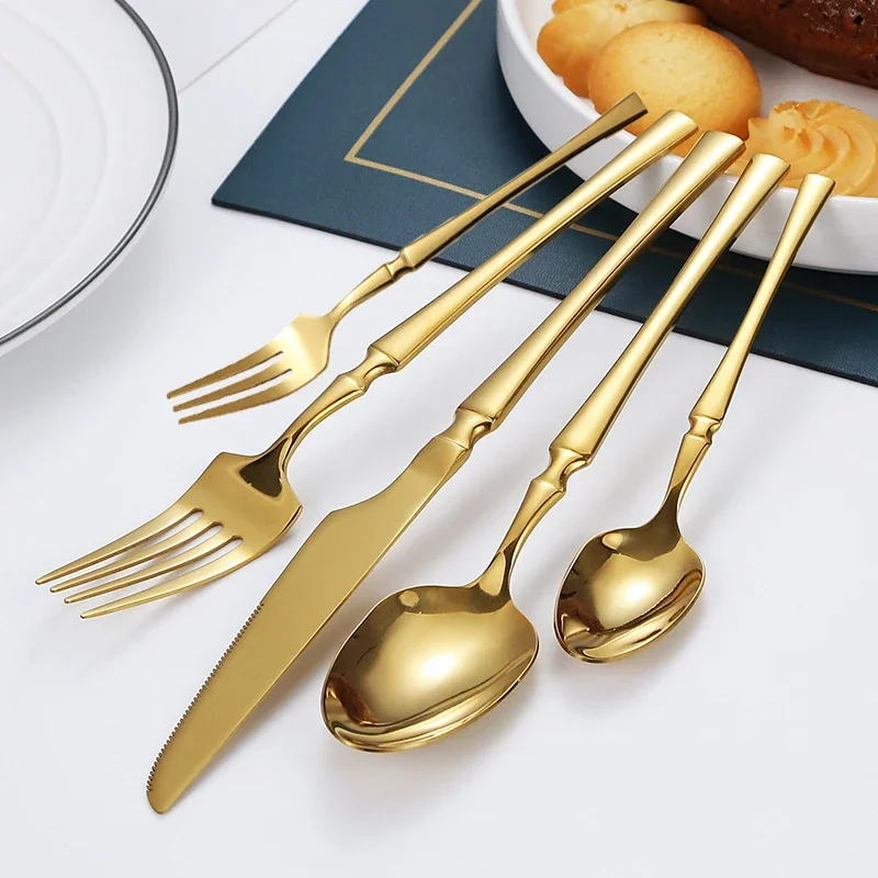 

5pcs Bright Gold Dinnerware Set Stainless Steel Tableware Knife Tea Fork Coffee Spoon Flatware Dishwasher Safe Dinner Cutlery