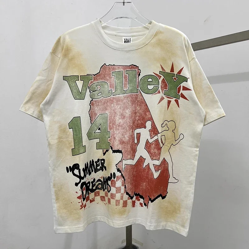 

Harajuku Good Quality VALE VALLEY Sports Division T SHIRT Fashion Washed Hand Worn T-Shirts Men Women Summer Style Vintage T