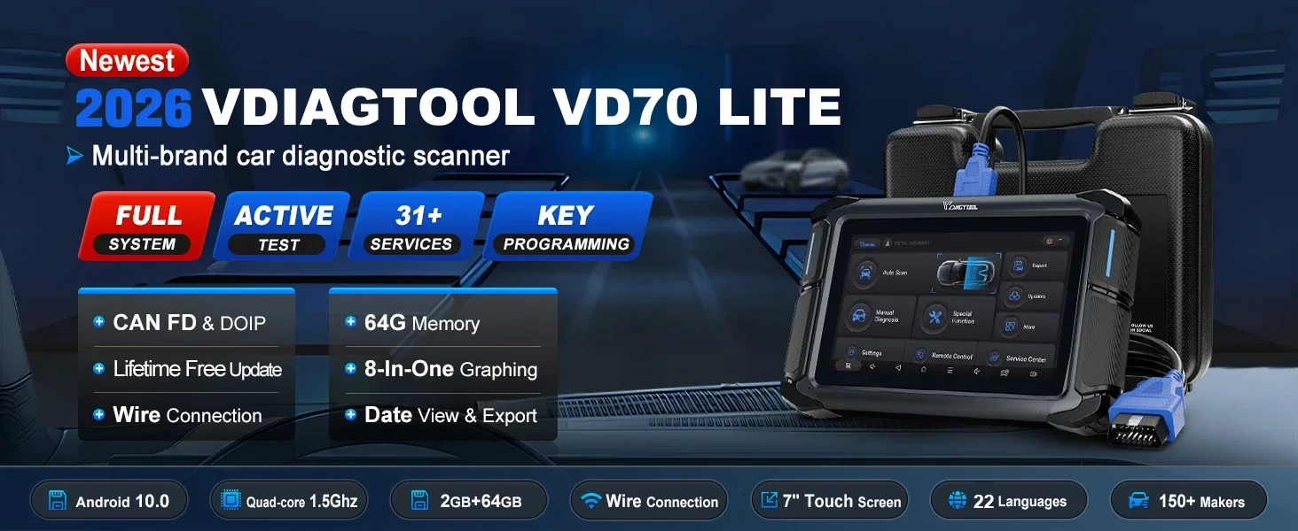 VDIAGTOOL VD70 Lite Auto-Diagnosegerät 31+ Spezialfunktionen OBD2-Scanner Schlüsselprogrammierung Alle Funktionen Lebenslange Kostenlose Updates – Detail 1