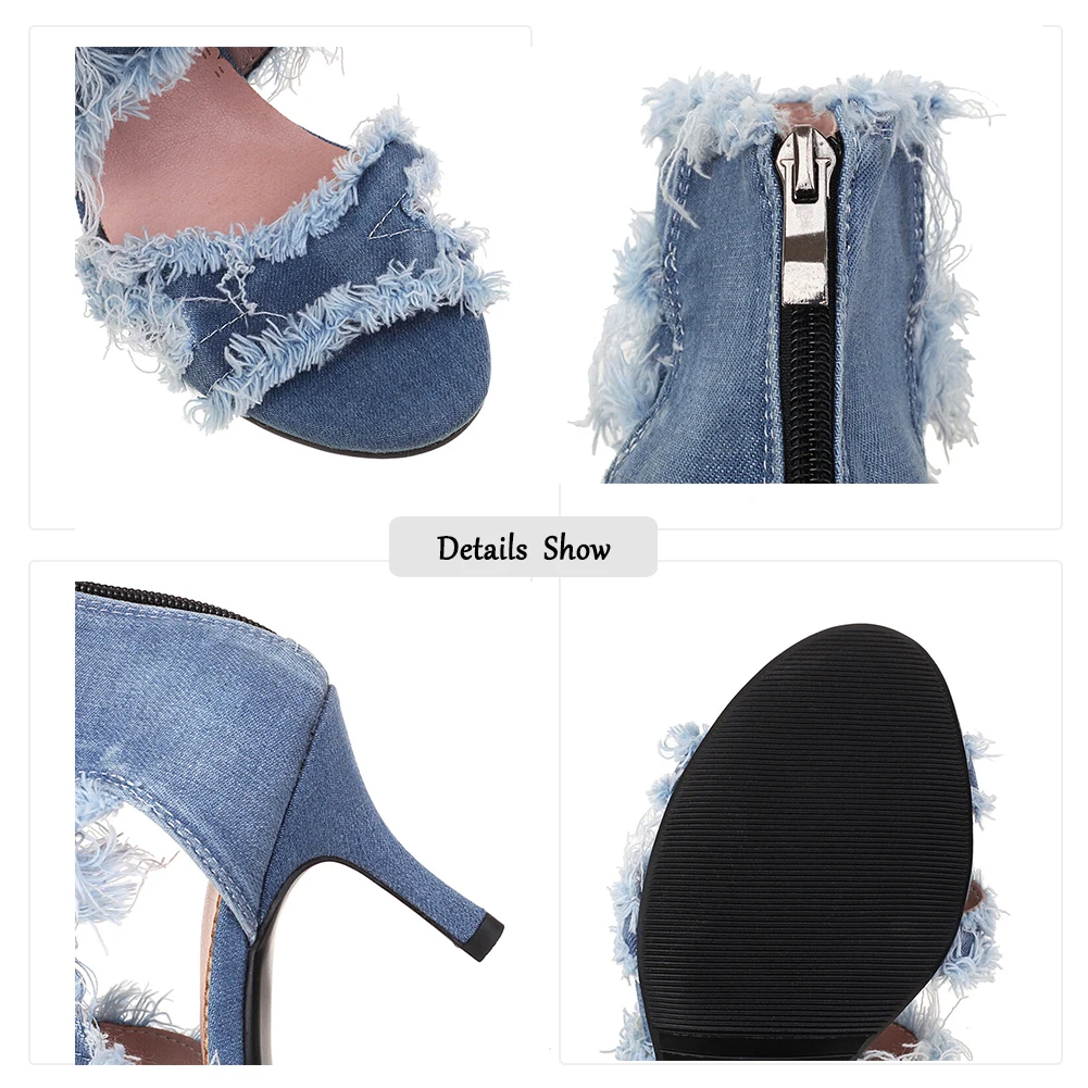 Open Toe Denim Women\'s Sandals Ankle Strap Stiletto Peep Toe Cutout Zipper High Heels Sandals Casual Daily Shoes Plus Size 46