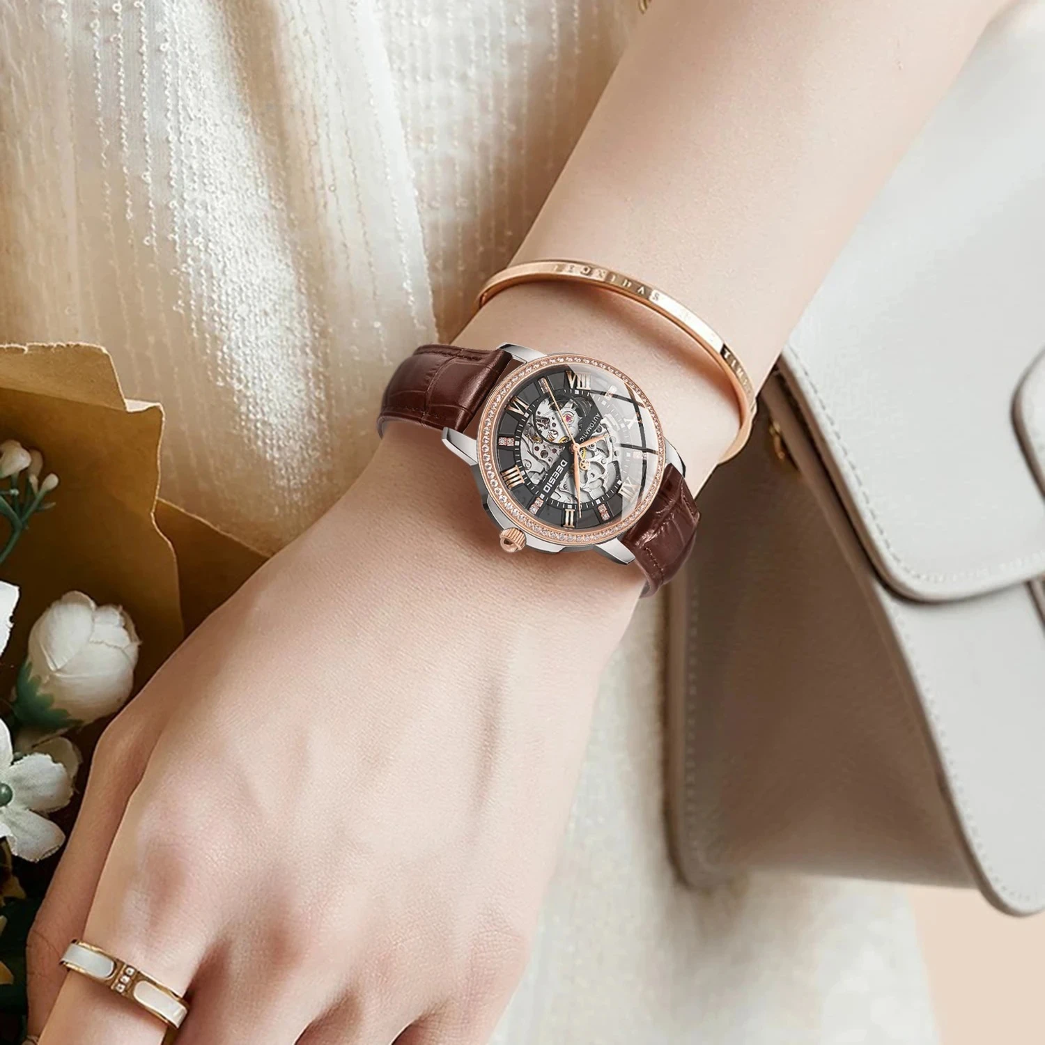 Deesio Women's Mechanical Watch,Hollow Roman Numeral Dial,Stainless Steel Case,Elegant Fashion Watch,Premium Luxury Women Gift
