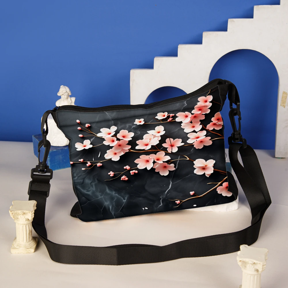 1pc Floral Print Crossbody Bag Black Cherry Blossom Pattern Shoulder Bags For Women Casual Daily Use Travel Handbag Small Pouch