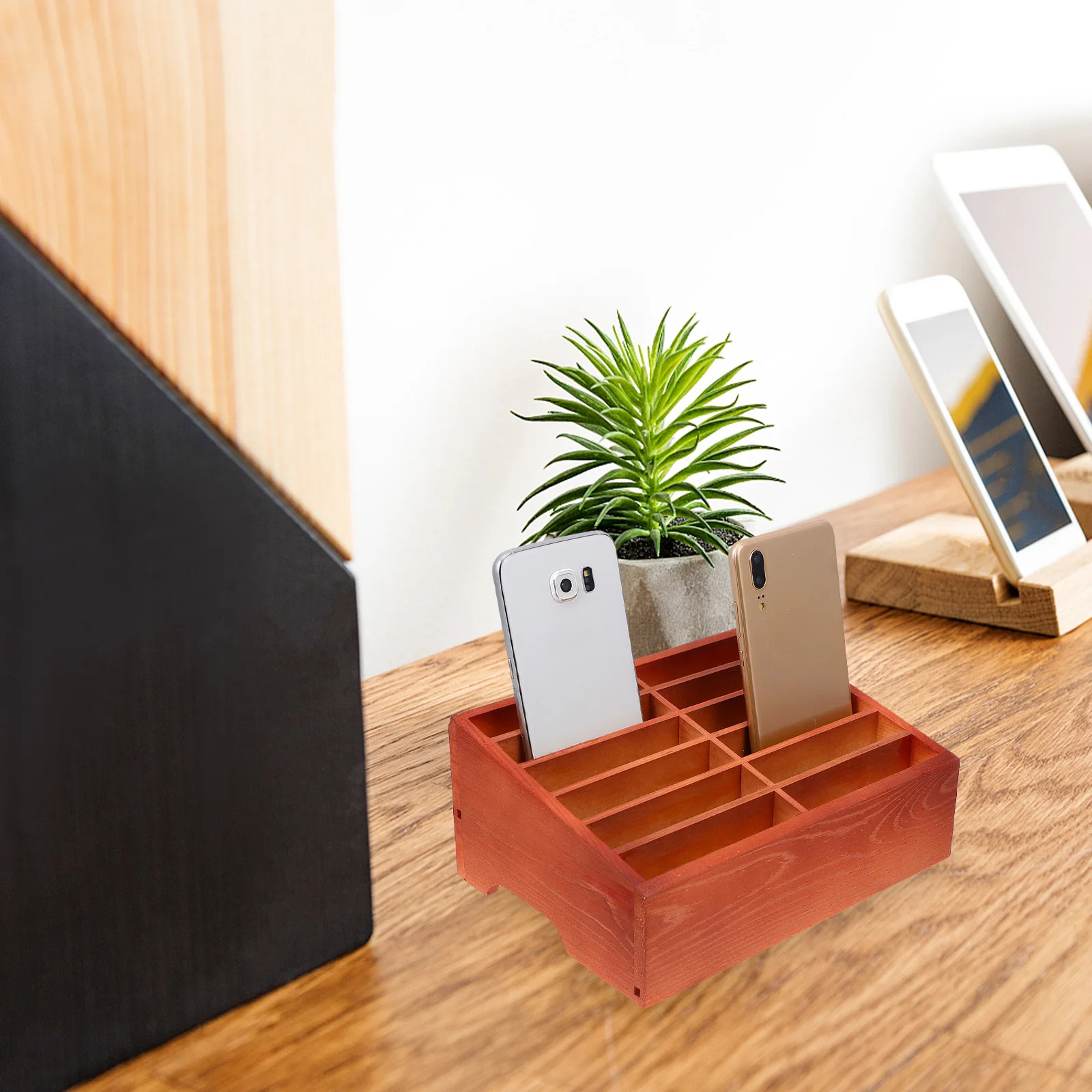 Multiple Cell Phone Holder Wooden Mobile Storage Box Desktop Basket Grid Chocolate