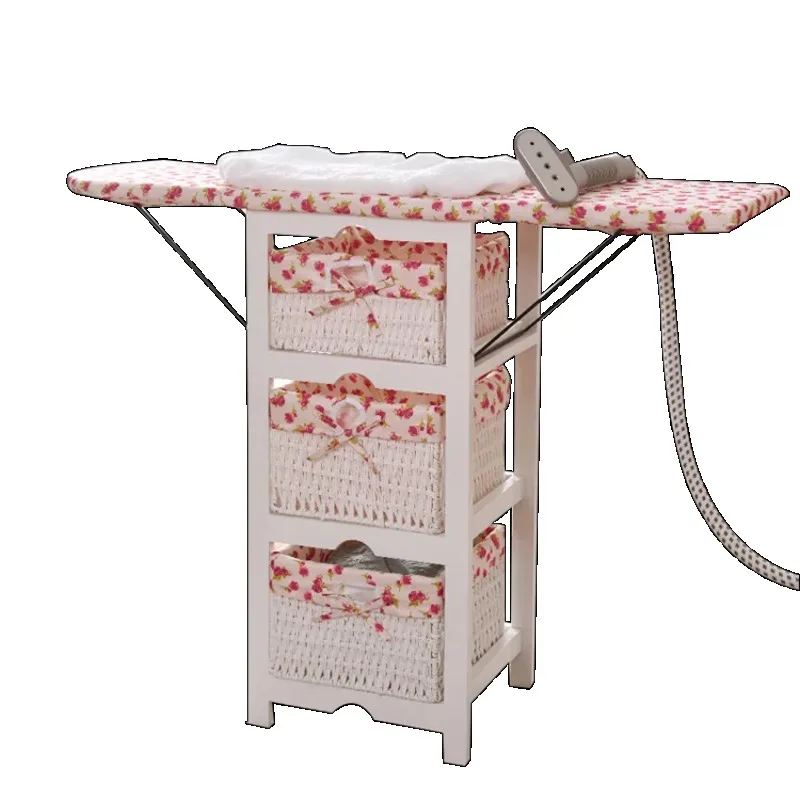 Foldable ironing board/tabletop cabinet wicker drawers