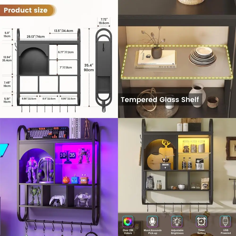 

4-Tier Black Gaming Floating Shelves with LED Lights, Wall-Mounted Tempered Glass Rack for Gaming Room Decor