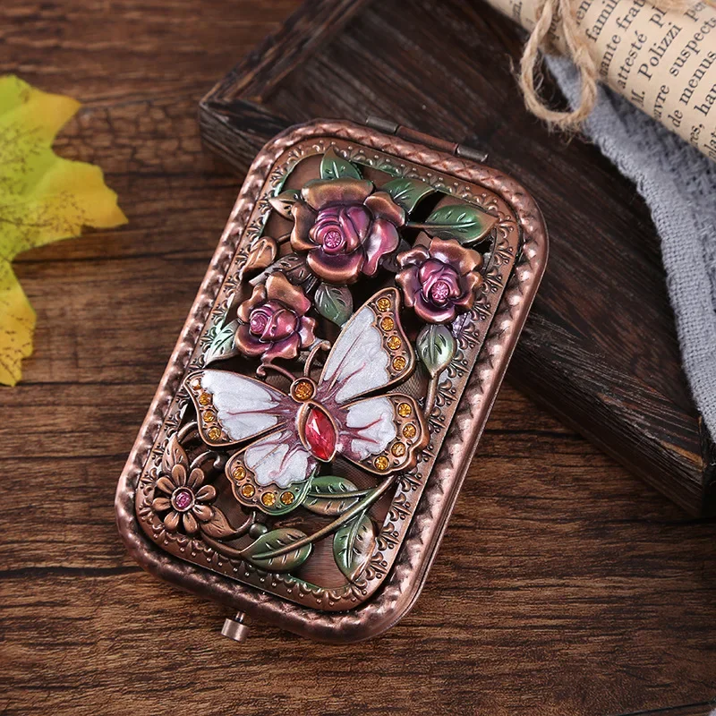 European Metal Mirror Portable Mirror Vintage Pocket Folding Double Sided Makeup Gift Embossed Craftsmanship